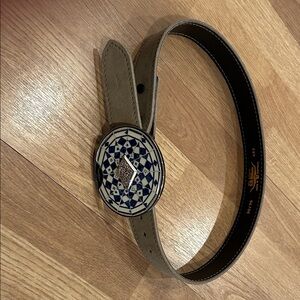 R.M. Williams Tan Leather Belt with Blue Patterned Buckle